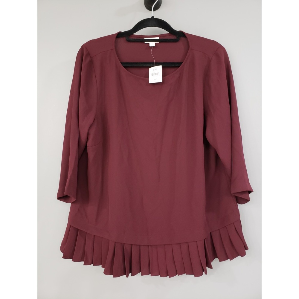NEW J. Jill Shirt Pinot Burgundy Crepe Blouse 3/4 Sleeve Pleated Ruffle Hem Top
